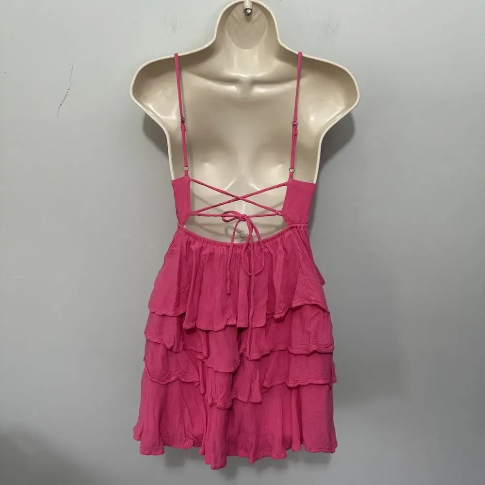 Hollister Mini Dress Womens XS Hot Pink Strappy Tiered Ruffle Babydoll Coquette - Picture 4 of 9